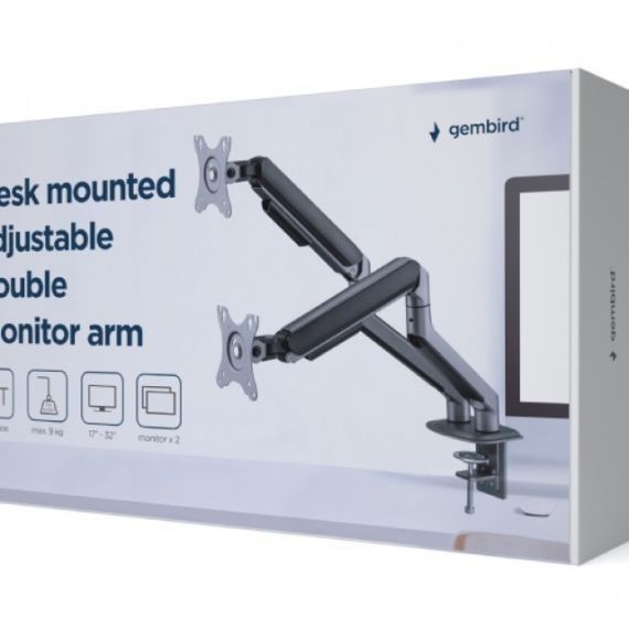 ARM FOR 2 MONITORS 17”-32” - GEMBIRD MA-DA2-05, STEEL (1.35 MM), GAS SPRING 2-9 KG PER DISPLAY, VESA 75/100, ARM ROTATES, EXTENDS AND RETRACTS, TILTS TO CHANGE READING ANGLES, AND ALLOWS TO ROTATE DISPLAY FROM LANDSCAPE-TO-PORTRAIT MODE, SPACE GREY