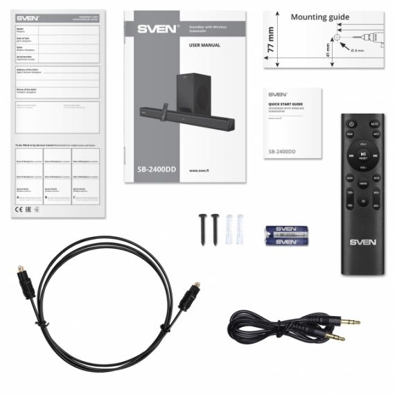 SVEN SOUNDBAR SB-2400DD WITH WIRELESS SUBWOOFER, 400 W, BLUETOOTH, USB, AUX (3.5MM JACK), HDMI (ARC), SPDIF (OPTICAL), REMOTE CONTROL, SUPPORT OF DOLBY DIGITAL PLUS, LED DISPLAY, BLACK