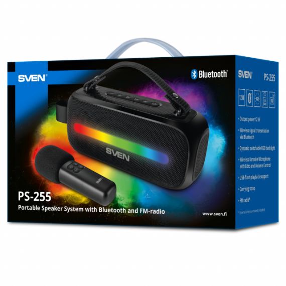 SVEN PS-255 BLACK, BLUETOOTH PORTABLE SPEAKER WITH WIRELESS MICROPHONE, 12W RMS (2X6W), DYNAMIC SWITCHABLE RGB BACKLIGHT, FM TUNER, USB, LI-ION BATTERY: 3.7V, 3600MAH (13.32WH) / USB TYPE-C: DC 5 V, 1.2 KG, BLACK