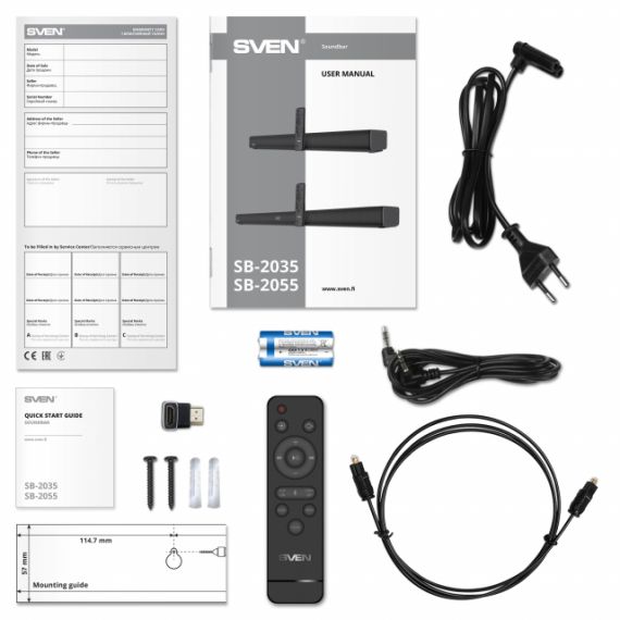 SVEN SOUNDBAR SB-2055, 80 W, BLUETOOTH, USB, AUX (3.5MM JACK), HDMI (ARC), SPDIF (OPTICAL), REMOTE CONTROL, LED DISPLAY, BLACK