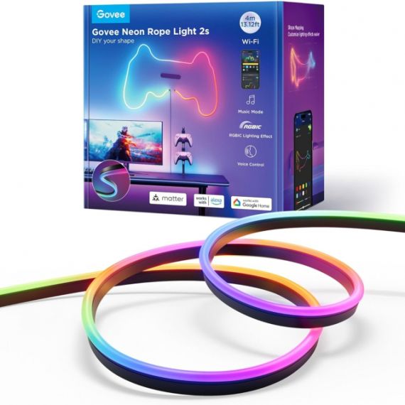 LIGHT STRIP  GOVEE RGBIC NEON ROPE STRIP LIGTH 2S 4M, BLACK, SMART WI-FI LIGHT STRIP, WI-FI + BT, MATTER COMPATIBLE, MULTICOLOR, ZONAL COLOR CONTROL, APP, SHAPE RECOGNITION, NO HUB REQUIRED, FLEXIBLE INSTALLATION, AI LIGHTING BOT