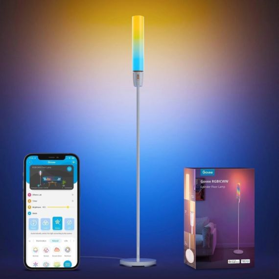 FLOOR LAMP  GOVEE RGBICW CYLINDER FLOOR LAMP, WI-FI + BT, MULTICOLOR + EXTRA WHITE LEDS, MULTIDIRECTIONAL LIGHTING, 360° LIGHTING, 2200K-6500K, 1500 LUMENS, NO HUB REQUIRED, 64 PRESET SCENE MODES, SCHEDULE & TIMER FUNCTIONS, APP, CONTROL BOX, VOICE CONTRO