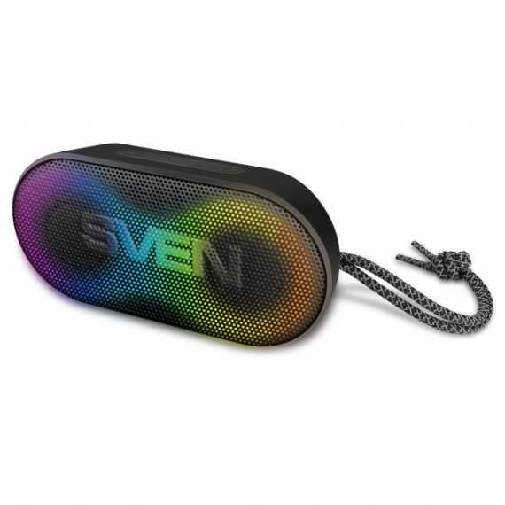 SVEN PS-99, BLUETOOTH WATERPROOF PORTABLE SPEAKER, 10W RMS, DYNAMIC SWITCHABLE RGB BACKLIGHT, WATER PROTECTION (IPX5), TWS, BUILT-IN LITHIUM BATTERY -1800 MAH,  AUX STEREO INPUT