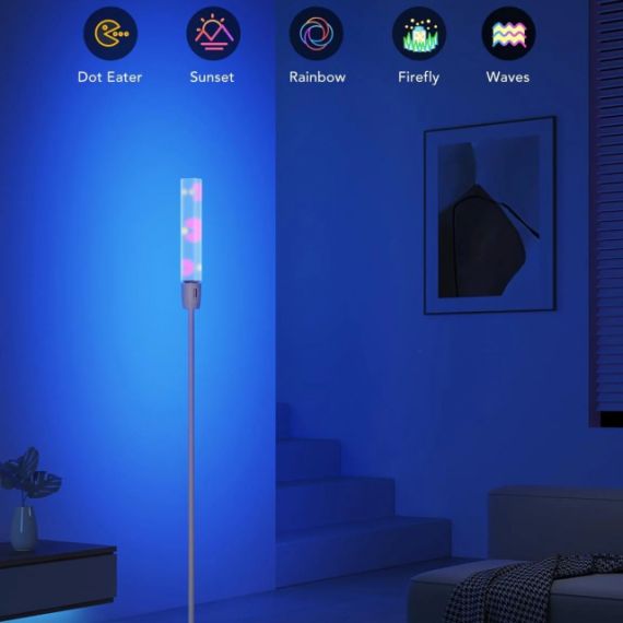 FLOOR LAMP  GOVEE RGBICW CYLINDER FLOOR LAMP, WI-FI + BT, MULTICOLOR + EXTRA WHITE LEDS, MULTIDIRECTIONAL LIGHTING, 360° LIGHTING, 2200K-6500K, 1500 LUMENS, NO HUB REQUIRED, 64 PRESET SCENE MODES, SCHEDULE & TIMER FUNCTIONS, APP, CONTROL BOX, VOICE CONTRO
