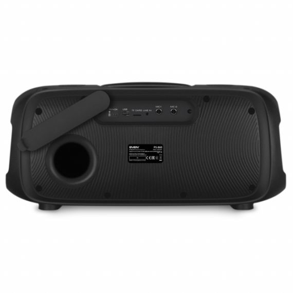SVEN PS-860, 100W (2X50) DYNAMIC SWITCHABLE RGB BACKLIGHT, TWS, BLUETOOTH, FM, USB, MICROSD,  LI-ION BATTERY: 7.4 V, 5400 MA·H (39.96 W·H), TWO MICROPHONE INPUTS FOR KARAOKE, REMOTE CONTROL, NFC, CARRYING HANDLE, 5.7KG, BLACK