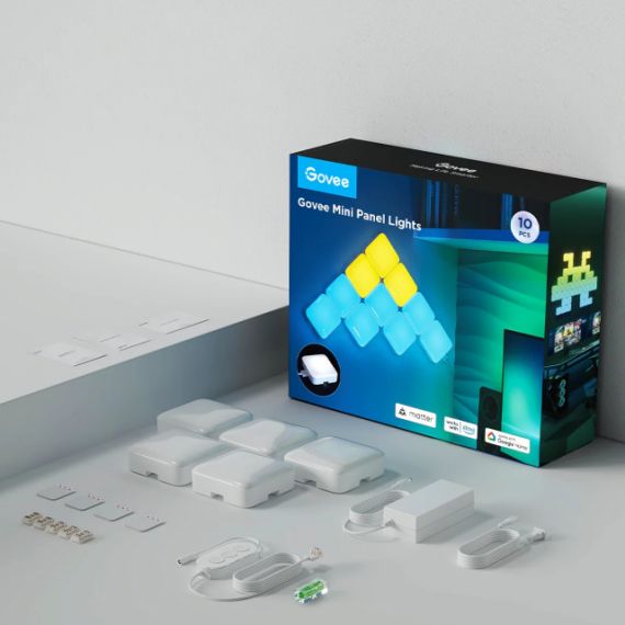 SQUARE LIGHTS  GOVEE SMART MINI PANEL LIGHTS 10 PACK, WI-FI + BT, MULTICOLOR, DIFFUSED RGBIC LIGHT EFFECTS, NO HUB REQUIRED, DIY LIGHTING EFFECTS, FLEXIBLE INSTALLATION, 40 PRESET LIGHTING EFFECTS, CUSTOMIZABLE DESIGN LAYOUT, APP, CONTROL BOX, VOICE CONTR