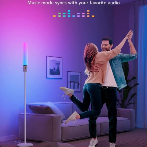 FLOOR LAMP  GOVEE RGBICW CYLINDER FLOOR LAMP, WI-FI + BT, MULTICOLOR + EXTRA WHITE LEDS, MULTIDIRECTIONAL LIGHTING, 360° LIGHTING, 2200K-6500K, 1500 LUMENS, NO HUB REQUIRED, 64 PRESET SCENE MODES, SCHEDULE & TIMER FUNCTIONS, APP, CONTROL BOX, VOICE CONTRO