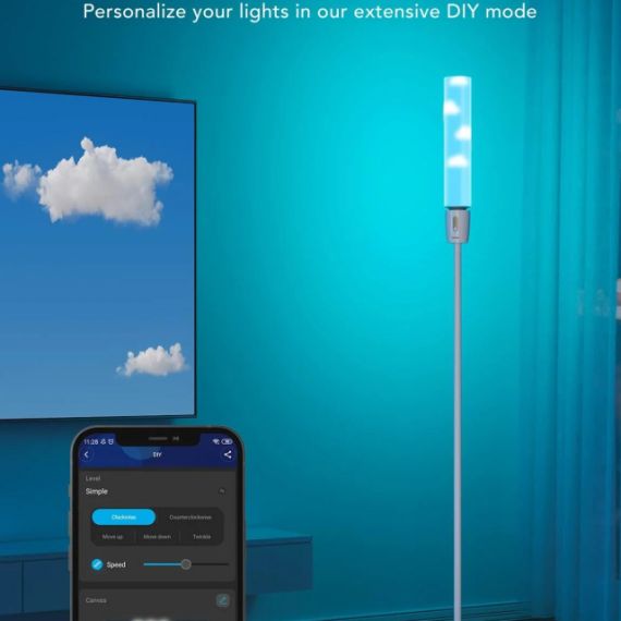 FLOOR LAMP  GOVEE RGBICW CYLINDER FLOOR LAMP, WI-FI + BT, MULTICOLOR + EXTRA WHITE LEDS, MULTIDIRECTIONAL LIGHTING, 360° LIGHTING, 2200K-6500K, 1500 LUMENS, NO HUB REQUIRED, 64 PRESET SCENE MODES, SCHEDULE & TIMER FUNCTIONS, APP, CONTROL BOX, VOICE CONTRO