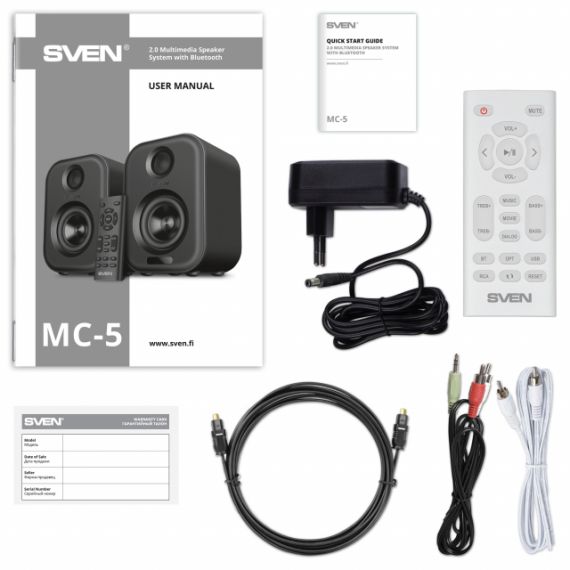 SVEN MC-5 WHITE,  2.0 / 2X25W RMS, BLUETOOTH, RCA, MICROSD, USB FLASH, OPTICAL INPUT, REMOTE CONTROL, ALL-IN-ONE CONTROL PANEL WITH TOUCH BUTTONS.