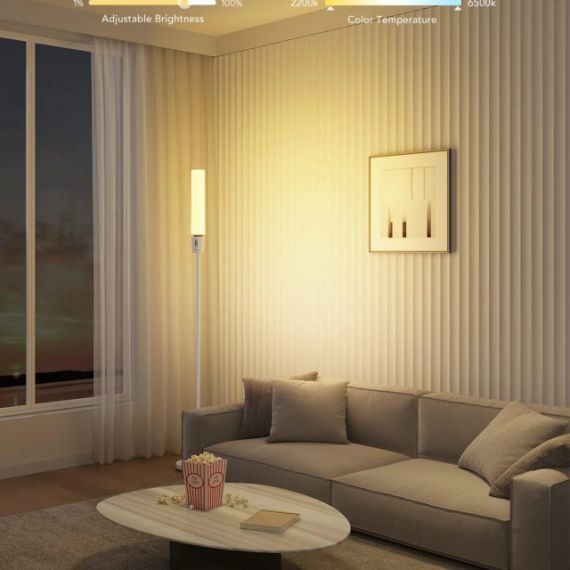 FLOOR LAMP  GOVEE RGBICW CYLINDER FLOOR LAMP, WI-FI + BT, MULTICOLOR + EXTRA WHITE LEDS, MULTIDIRECTIONAL LIGHTING, 360° LIGHTING, 2200K-6500K, 1500 LUMENS, NO HUB REQUIRED, 64 PRESET SCENE MODES, SCHEDULE & TIMER FUNCTIONS, APP, CONTROL BOX, VOICE CONTRO
