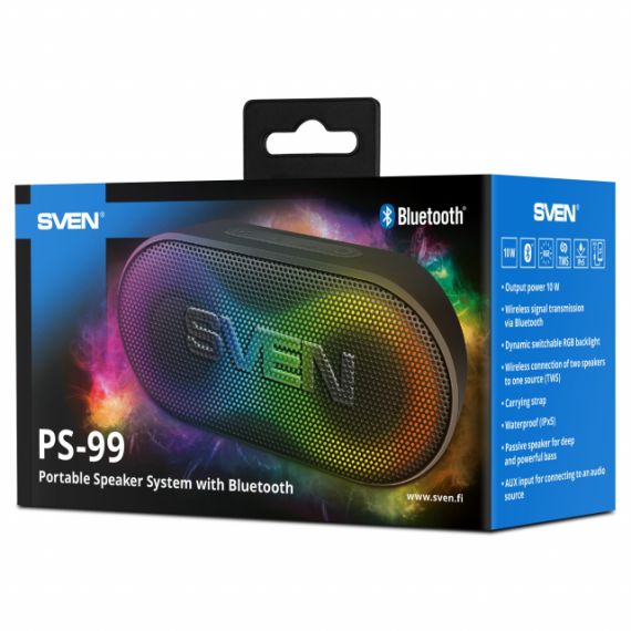 SVEN PS-99, BLUETOOTH WATERPROOF PORTABLE SPEAKER, 10W RMS, DYNAMIC SWITCHABLE RGB BACKLIGHT, WATER PROTECTION (IPX5), TWS, BUILT-IN LITHIUM BATTERY -1800 MAH,  AUX STEREO INPUT