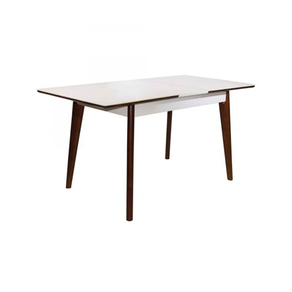 MASĂ EXTENSIBILĂ MG-A05 WHITE GLASS+BROWN LEGS 120/150X75