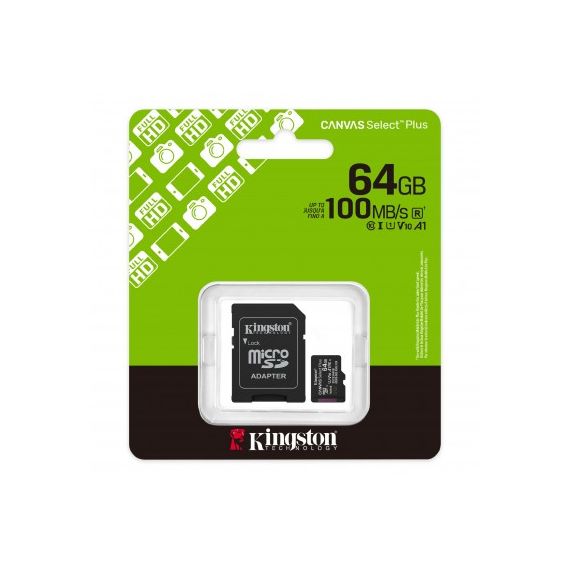 КАРТА ПАМЯТИ MICROSD  64GB KINGSTON CANVAS SELECT PLUS, 150MB/S + SD ADAPTER