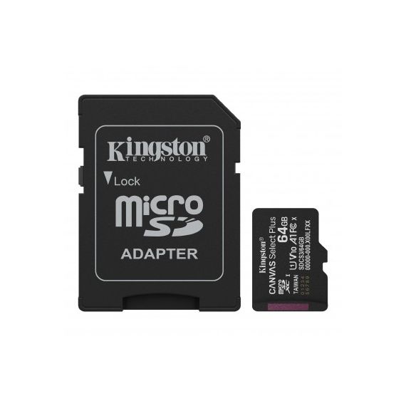 КАРТА ПАМЯТИ MICROSD  64GB KINGSTON CANVAS SELECT PLUS, 150MB/S + SD ADAPTER