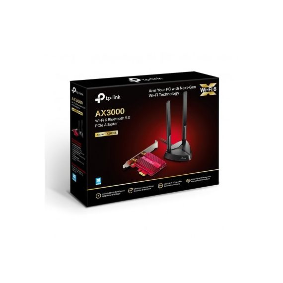 TP-LINK ARCHER TX3000E  AX3000 WI-FI 6 + BLUETOOTH PCI EXPRESS ADAPTER, 2402MBPS ON 5GHZ + 574MPBS ON 2.4GHZ, 802.11AX/AC/N/G/B/A, 2 DUAL BAND DETACHABLE АNTENNAS, BLUETOOTH 5.0