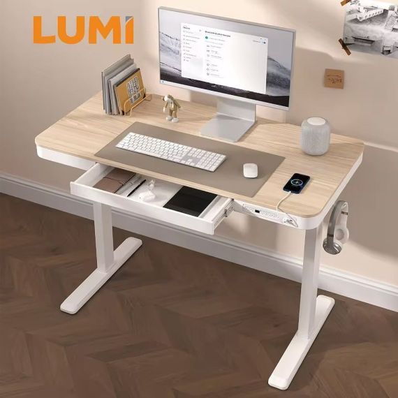 LUMI S08-22D-SW WHITE ELECTRIC SINGLE-MOTOR SIT-STAND DESK WITH DRAWER &