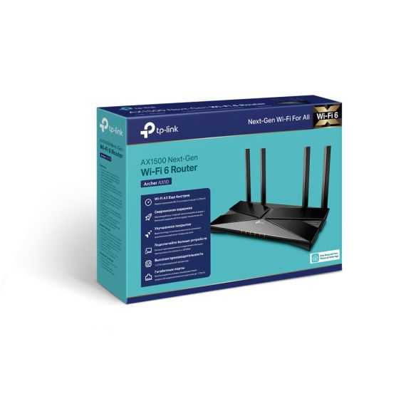 WIRELESS ROUTER TP-LINK  ARCHER AX10 / AC1500 DUAL BAND / WI-FI6 / GIGABIT / 1WAN+4LAN / 4 EXTERNAL ANTENNAS