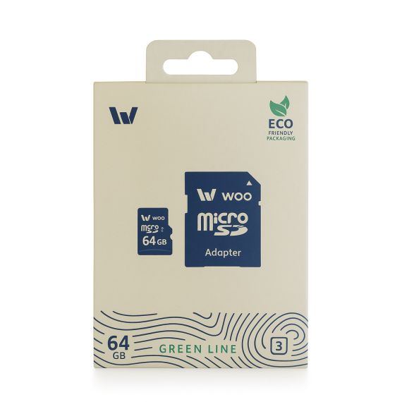 WOO MICROSD CARD UHS-I (U3) (V30) + SD ADAPTER, GREEN LINE, 64 GB