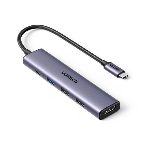 UGREEN HUB 5IN1 USB-C TO 4K@30HZ HDMI + 2*USB-A 2.0 + 1*USB-A 3.0 PD 100W, GREY