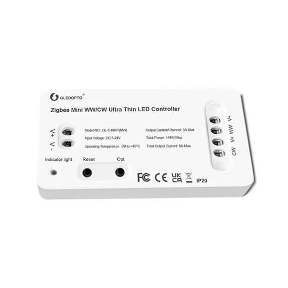 GLEDOPTO ZIGBEE PRO ULTRA THIN MINI LED STRIP CONTROLLER WW/CW (GL-C-006P(MINI)), DC5~24V, 3A/CH, MAX 6A OUTPUT, MAX 144W OUTPUT