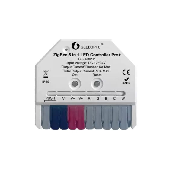 GLEDOPTO ZIGBEE PRO+ 5IN1 ULTRA MINI LED CONTROLLER CCT/RGB/RGBW/RGBCCT/SINGLE COLOR (GL-C-301P), DC12~24V, 6A/CH, MAX 10A OUTPUT