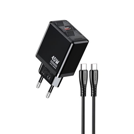 JOKADE WALL CHARGER 1*TYPE-C WITH CABLE TYPE-C TO TYPE-C 45W MAX JB092, BLACK