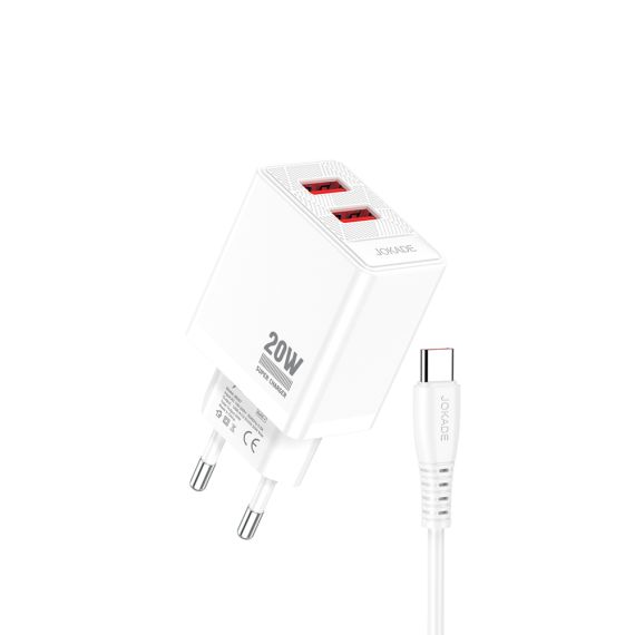 JOKADE WALL CHARGER 1*USB-A 5A,20W WITH CABLE TYPE-C JB088, WHITE
