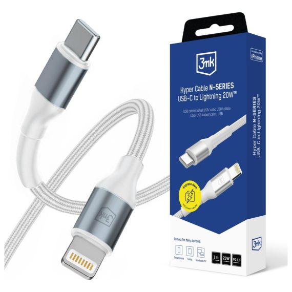 CABLE TYPE-C - LIGHTNING, 9V/2.0A/20W/PD3.0, 1.0M, 3MK N-SERIES WHITE