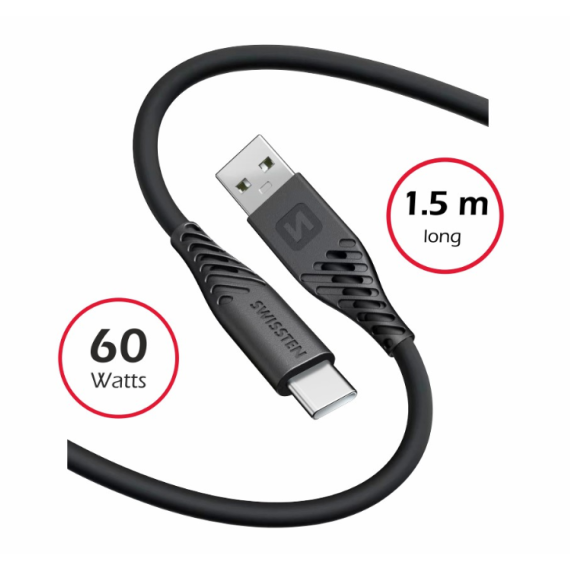 DATA CABLU SWISSTEN SOFT SILICONE USB / USB-C 1.5M 60W BLACK