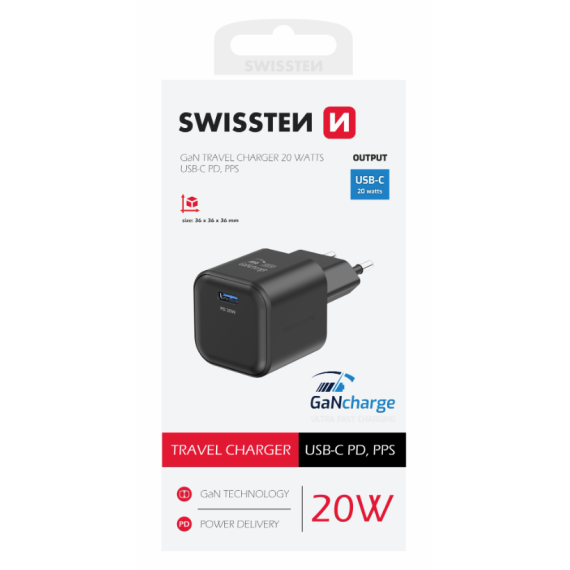 UNIVERSAL HOME CHARGER SWISSTEN GAN 1X USB-C 20W PD BLACK