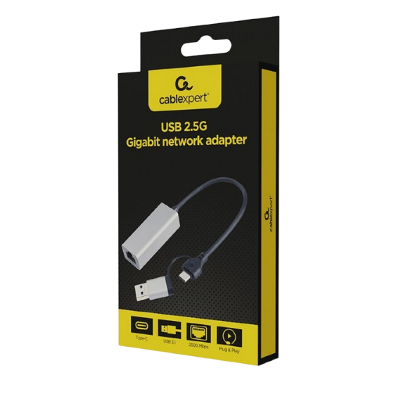 ADAPTER TYPE-C/USB3.0 TO LAN F, CABLEXPERT, LAN: 2.5 GIGABIT, A-USB3AC-LAN2G-01