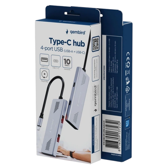 TYPE-C 3.1 USB HUB, 4-PORT OUTPUT: 2 X USB2.0, 2 X TYPE-C, GEMBIRD...