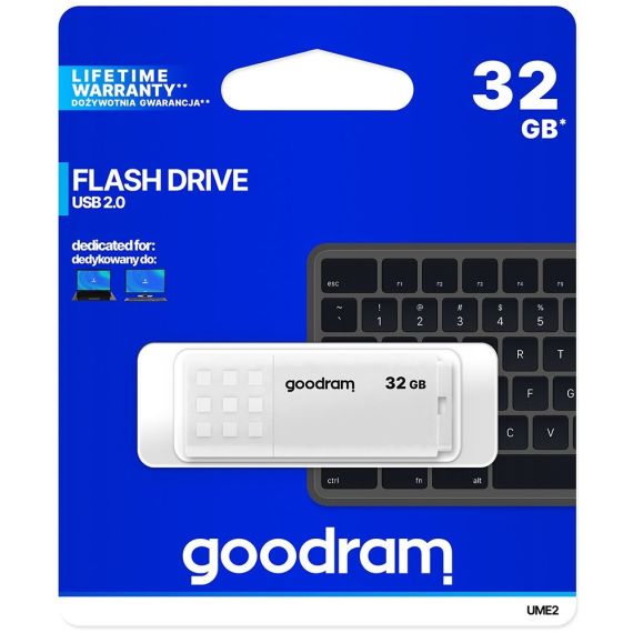 32GB USB2.0  GOODRAM UME2 WHITE, PLASTIC, ANTI-SLIP DESIGN (READ 20 MBYTE/S, WRITE 5 MBYTE/S)
