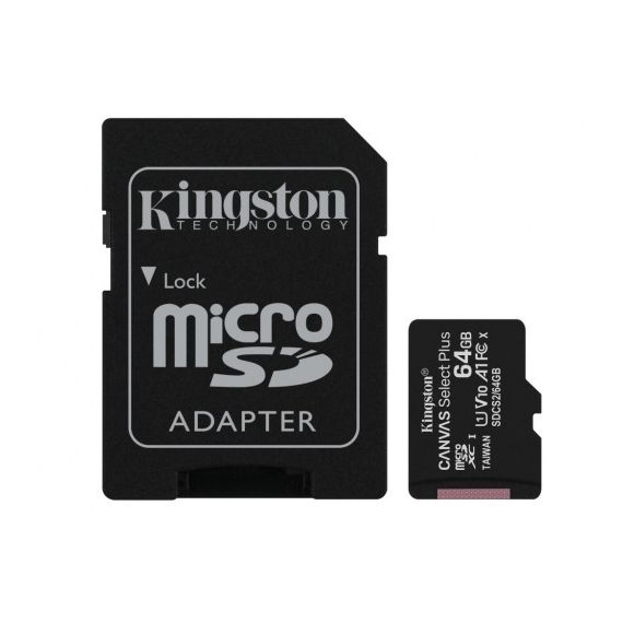 64GB KINGSTON MICROSD CLASS10 UHS-I  U1 V10  A1 + SD ADAPTER CANVAS SELECT PLUS, UP TO: 100MB/S
