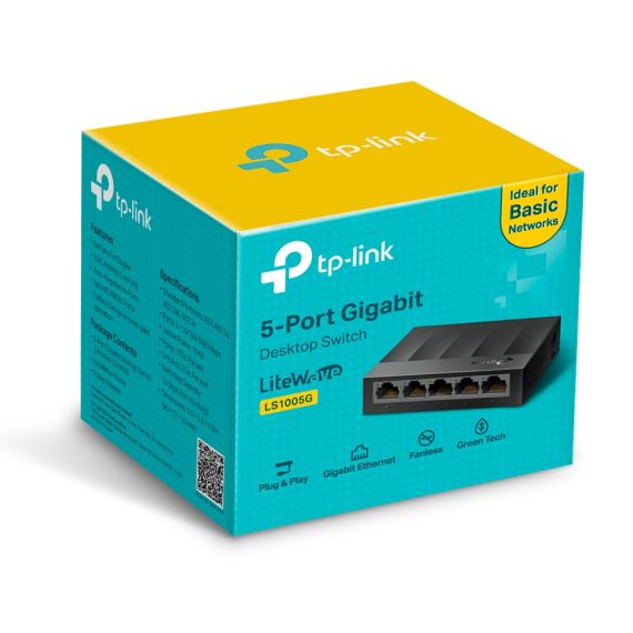TP-LINK LS1005G 5-PORT GIGABIT SWITCH, 5 10/100/1000M RJ45 PORTS, PLASTIC CASE