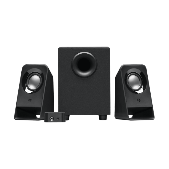 SPEAKERS 2.1  LOGITECH Z213, 7W (4W + 2X1.5W)  POWER AND VOLUME CONTROLS ON WIRED CONTROL POD, BASS CONTROL ON BACK OF SUBWOOFER, BLACK