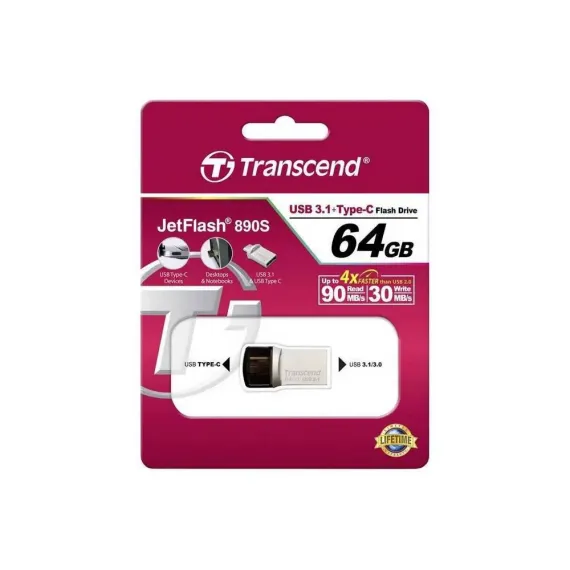 USB FLASH НАКОПИТЕЛЬ TRANSCEND JETFLASH 890, 64ГБ, СЕРЕБРИСТЫЙ