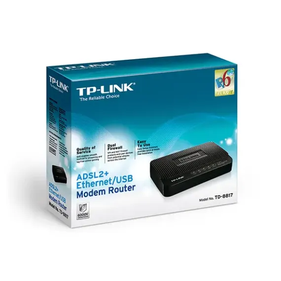 ADSL МОДЕМ TP-LINK TD-8817, ADSL/ADSL2/ADSL2 + ДО 24 МБИТ/С, ЧЁРНЫЙ