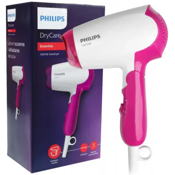 КОМПАКТНЫЙ ФЕН PHILIPS DRYCARE ESSENTIAL BHD003/00, 1400ВТ, БЕЛЫЙ РОЗОВЫЙ