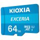 Карта памяти 64GB Kioxia Exceria LMEX1L064GG2 microSDHC, 100MB/s, (Class 10 UHS-I) + Adapter MicroSD->SD
